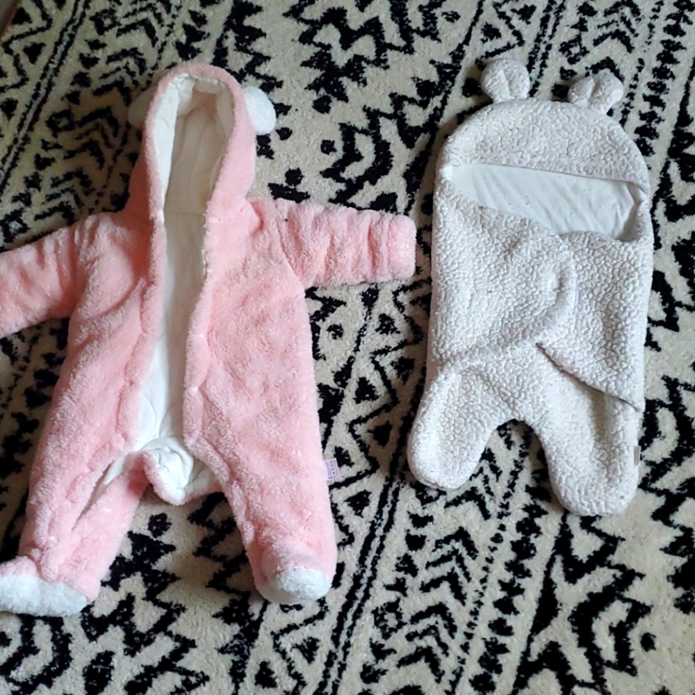 Baby snow suit, 6m pink and 3m White